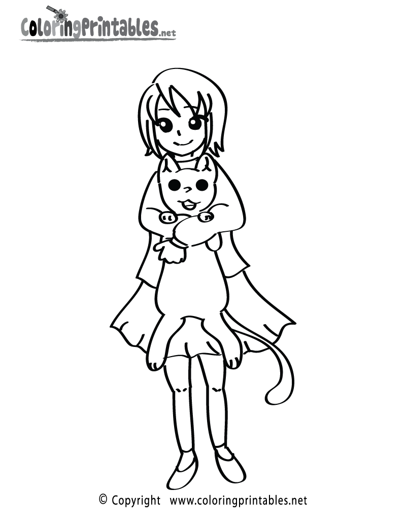 Girl Cat Coloring Page Printable.