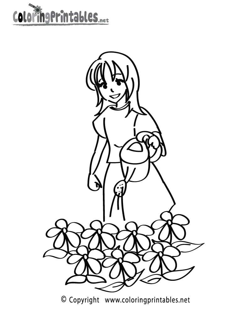 Girl Gardening Coloring Page Printable.