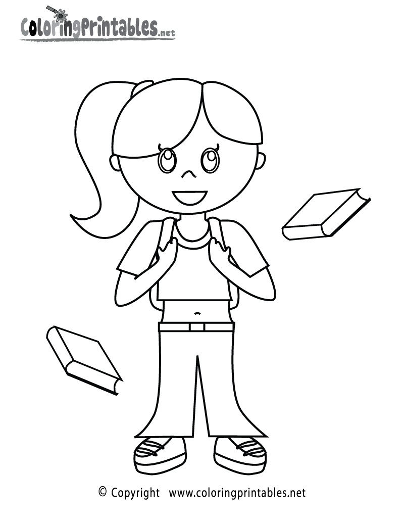 School Girl Coloring Page Printable.