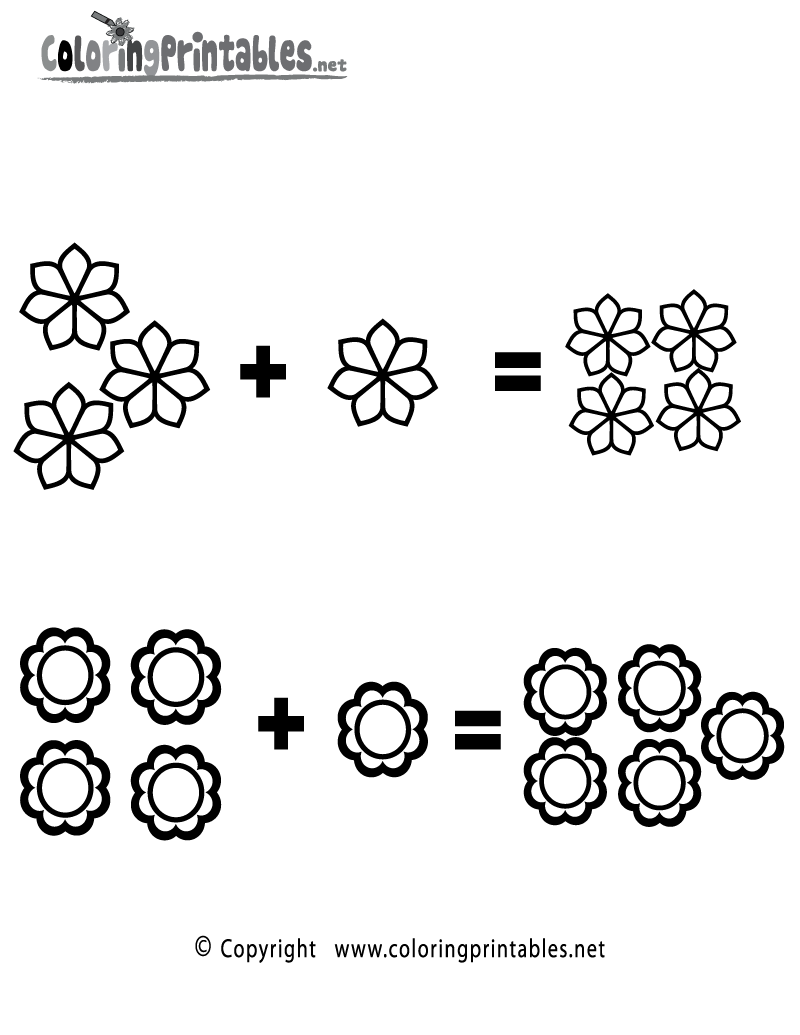 Math Addition Flowers Coloring Page Printable.