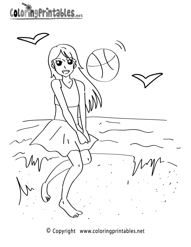 Girl Playing on the Beach Coloring Page Printable.